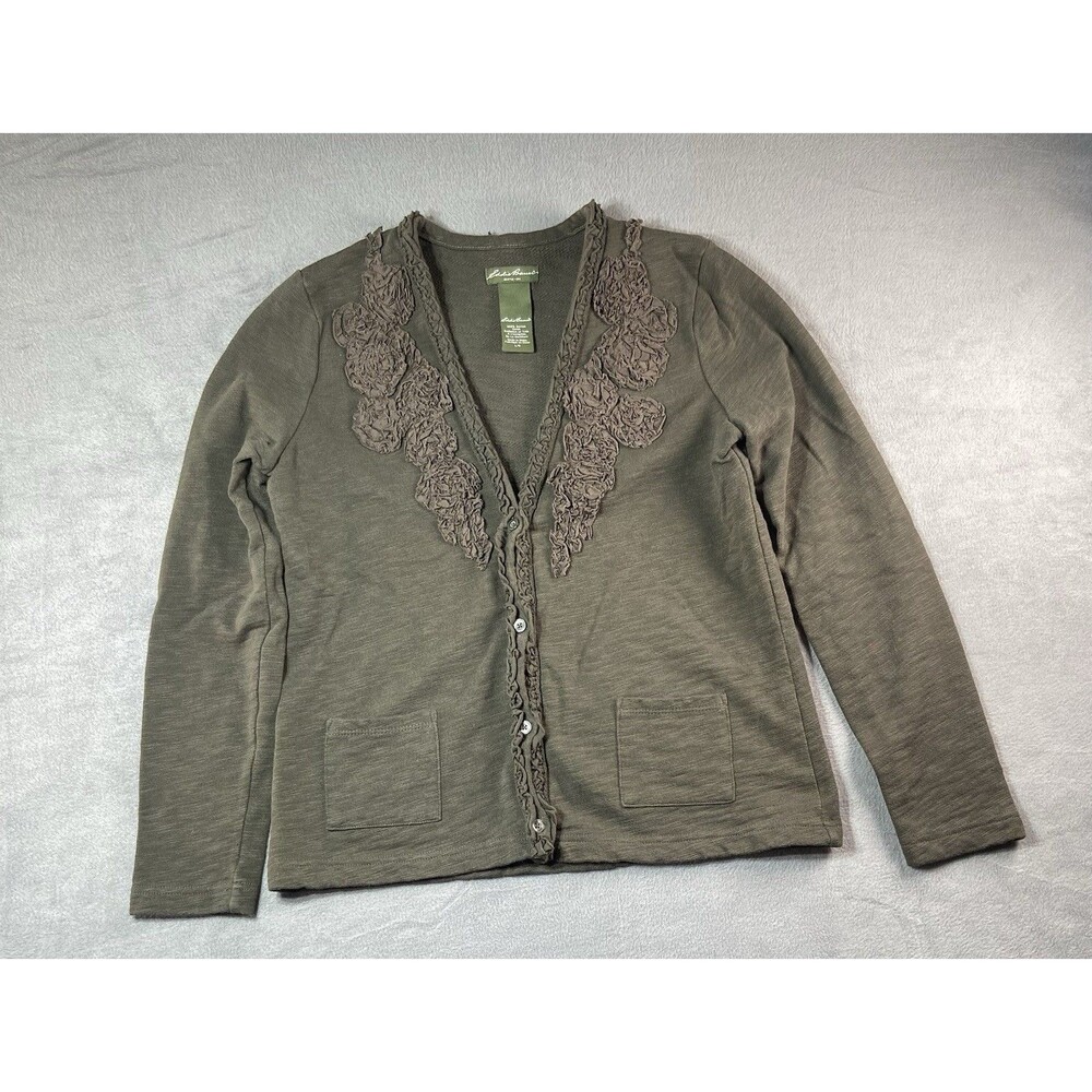 Eddie Bauer Womens Large Olive Green Ruffle Floral Button Cardigan Sweater